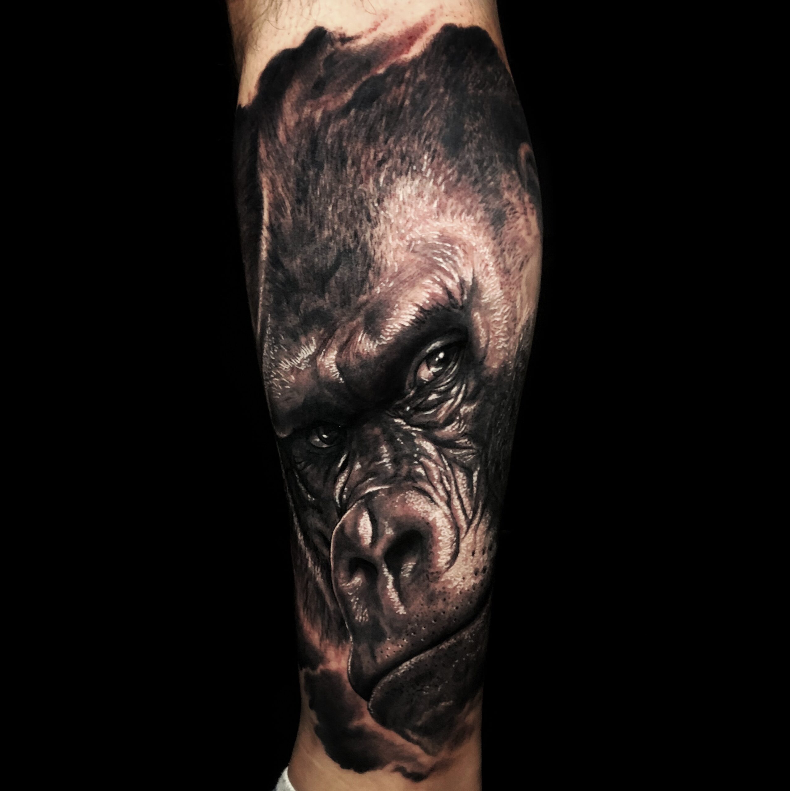 Realistisches Gorilla-Tattoo auf dem Oberarm, gestochen in einem Karlsruher Luxus-Tattoo-Studio.